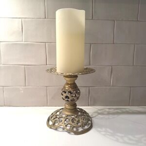 Vintage Filigree Brass Pillar Candle Holder | Ornate Gold Brass Candle Stand